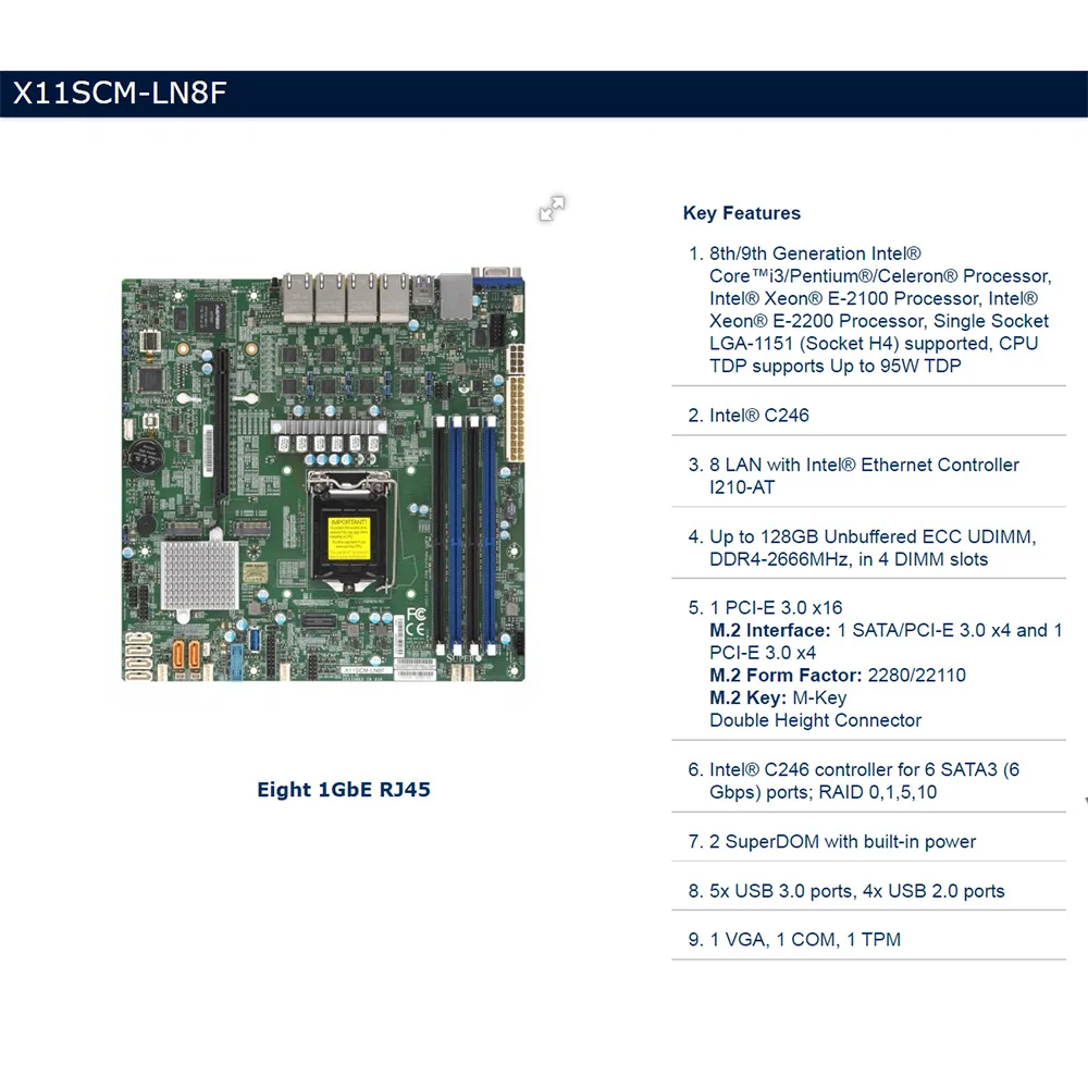 Placa base microATX X11SCM-LN8F Intel C246 LGA-1151 DDR4 compatible con Core i3 E-2100 E-2200 de 8. a/9 a generación - imagen 2