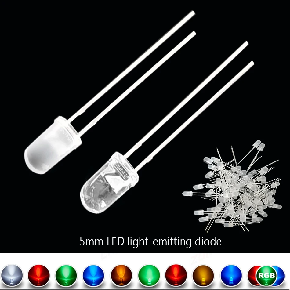 50 Uds. Diodo emisor LED redondo de 5mm 2 pines LED transparente/difuso Multicolor parpadeante lento/rápido blanco rojo azul UV