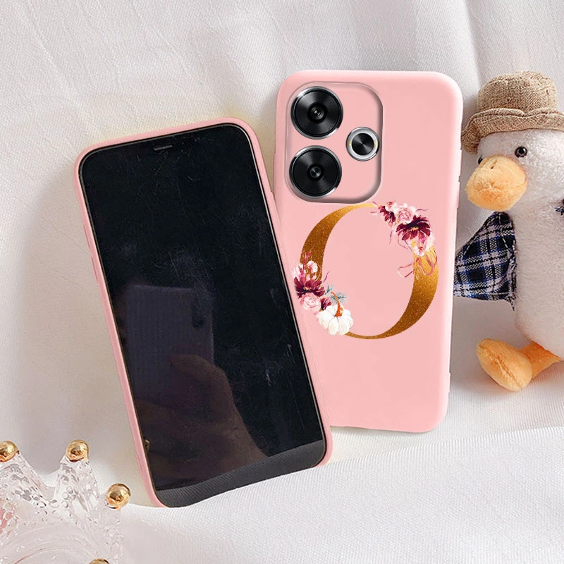 Funda con letras doradas para Poco F6, cubierta trasera suave de silicona negra para PocoF6, Protector para Xiaomi F 6, Funda a prueba de golpes, carcasa con flores rosas - imagen 2