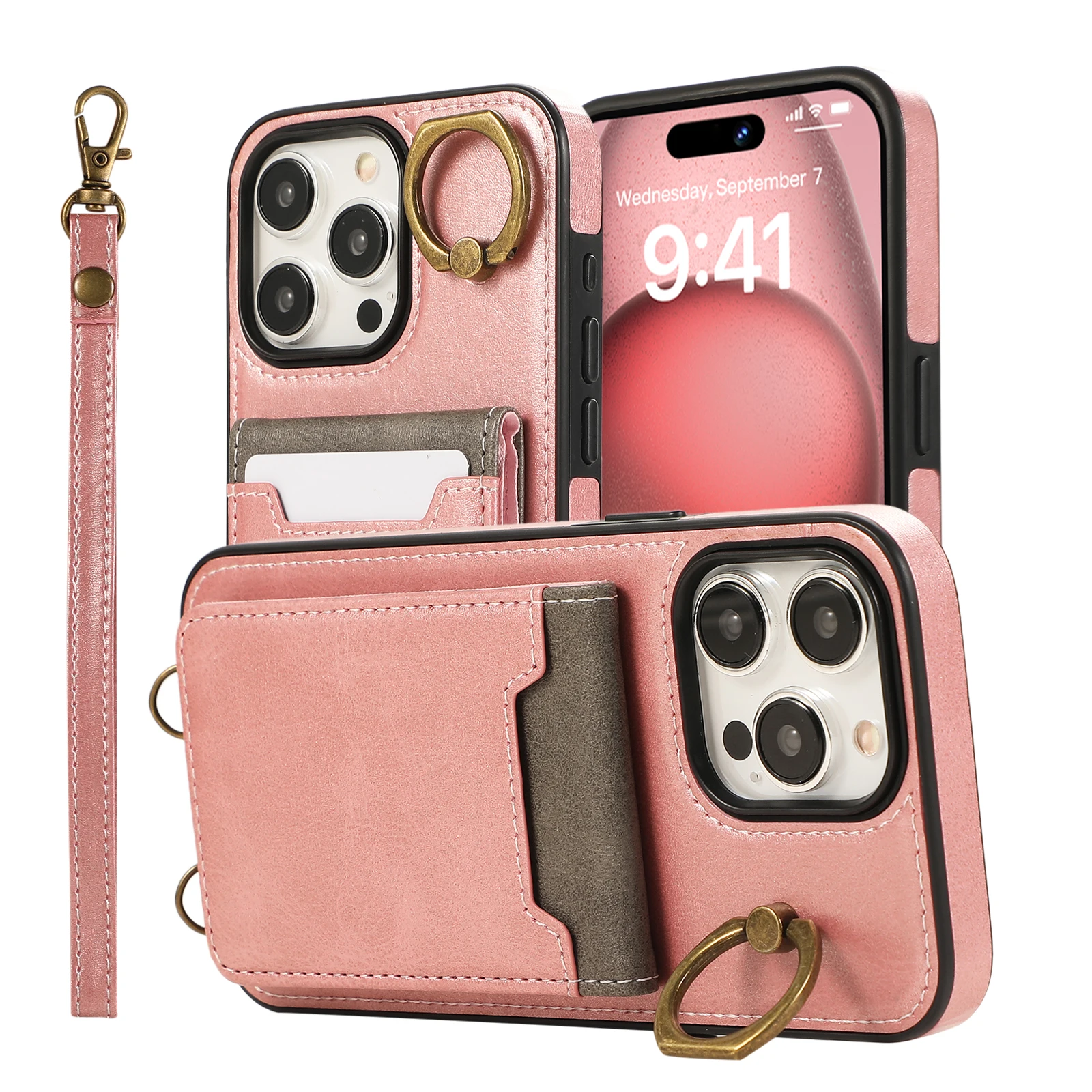 Funda de cuero con soporte de anillo Vertical para iPhone, cartera con correa para tarjetas, 15 Pro Max, 14 Plus, 13, 12, 11, XS, XR, 8, SE, 2022