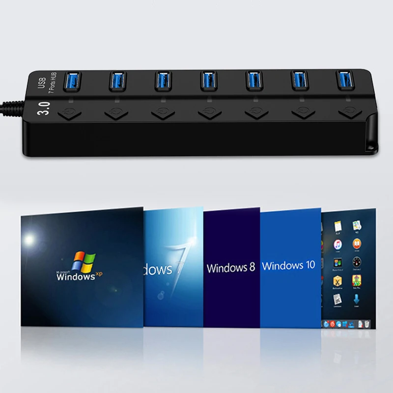 Divisor de concentrador USB 3,0 de 4/7 puertos con interruptor indicador de alimentación proporcionado alimentación CC 12V 2A y transmisión de datos de 5Gbps para ratón de ordenador portátil - imagen 3