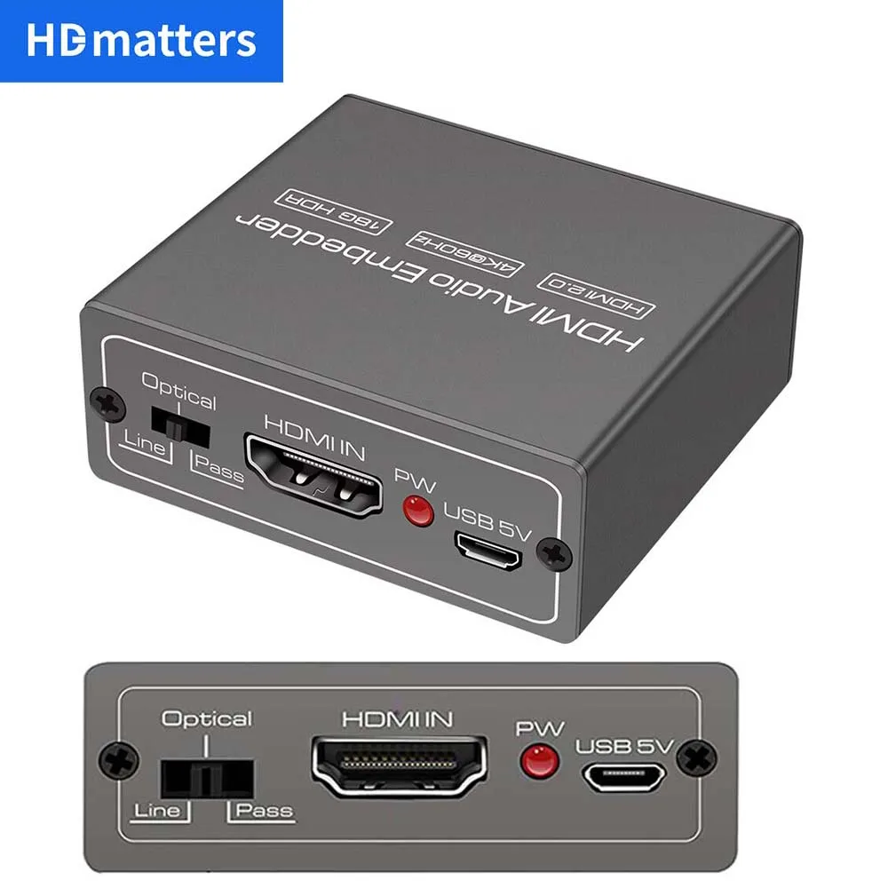 Insertador de Audio HDMI 2,0, mezclador de Audio HDMI + Audio Aux + Digital toslink, mezclador convertidor de Audio a HDMI 4K 60Hz y HDR - imagen 2