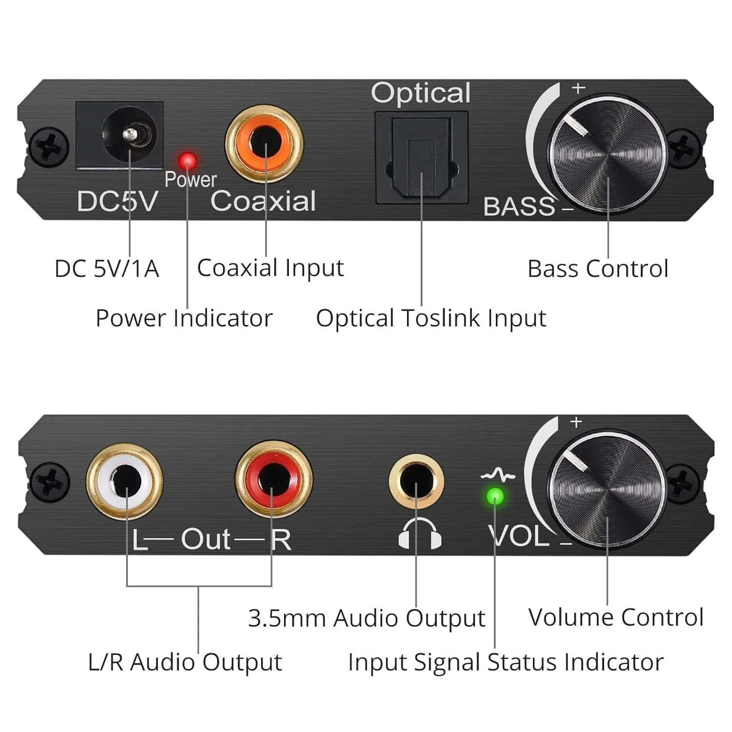 Convertidor de Audio Digital a analógico de 192KHz con ajuste de graves, Control de volumen DAC, adaptador Coaxial óptico a 2RCA y conector Jack de 3,5mm - imagen 2