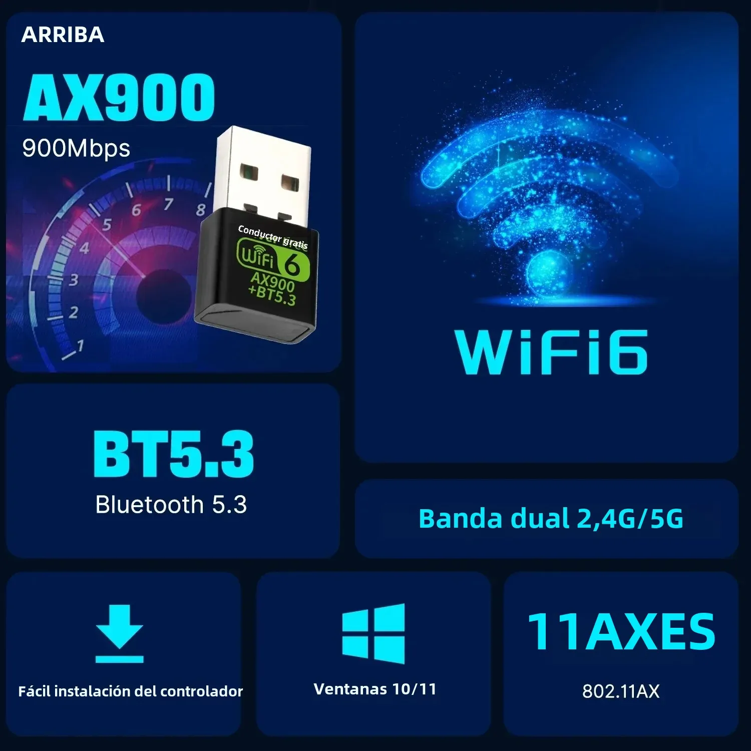 Adaptador USB WiFi Bluetooth 5,3 de 900Mbps, Dongle 2 en 1, receptor Wlan inalámbrico de red de doble banda de 2,4G y 5GHz para Win7/8/10 sin entrega - imagen 2