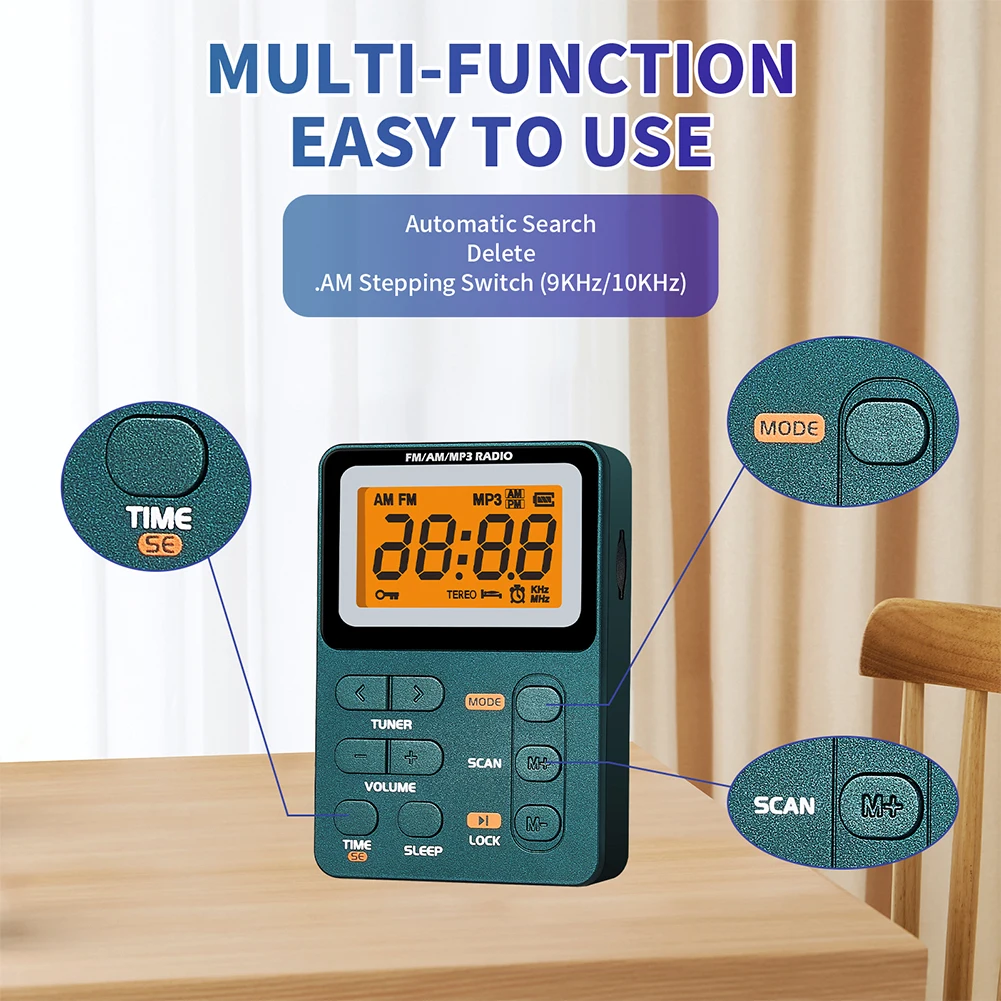 Radio portátil AM FM, Radio de bolsillo recargable con auricular estéreo MP3, Radio Transistor con pantalla LCD para correr/gimnasio/Camping - imagen 4