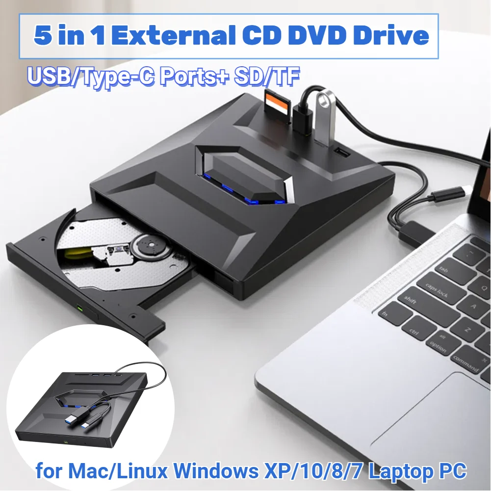 Grabador de DVD USB 3,0 con puertos USB/Tipo C + SD/TF 5 en 1, lector de disco, Unidad de reescritura para Mac/Linux Windows XP/10/8/7, ordenador portátil y PC - imagen 2
