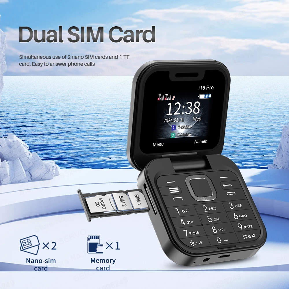 SERVO i16Pro Dual SIM Flip teléfono móvil pequeño registro de llamadas automático velocidad Dial voz mágica 1,77 "Mini teléfonos plegables desbloqueados 2G GSM - imagen 3