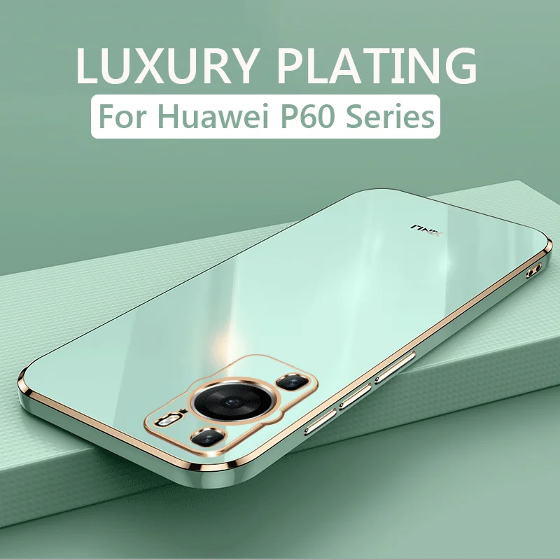 Funda de teléfono con revestimiento cuadrado de lujo para Huawei P60 Pro P60Pro P60, funda trasera de silicona suave a prueba de golpes