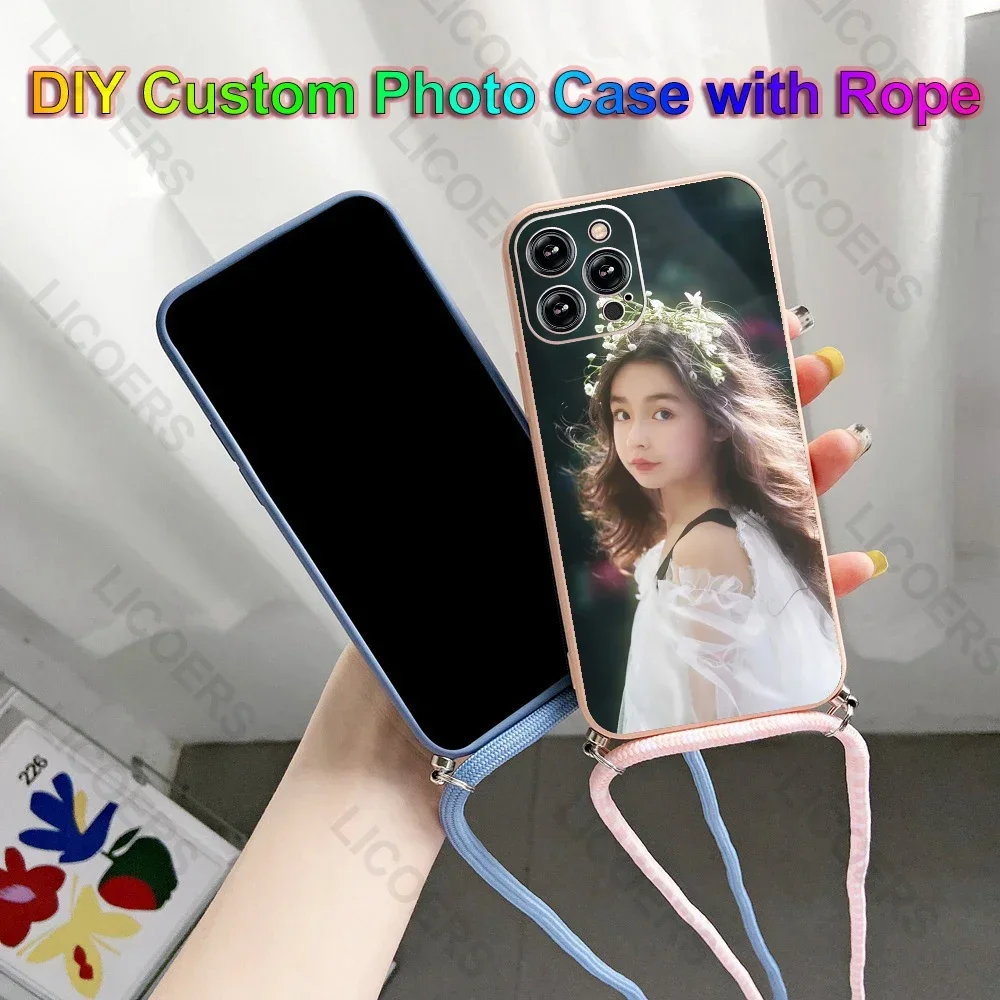 Funda con collar DIY para iPhone 17 16 15 14 13 12 11 Pro Max Plus, funda con imagen personalizada, cordón de silicona, carcasa de cuerda cruzada - imagen 2