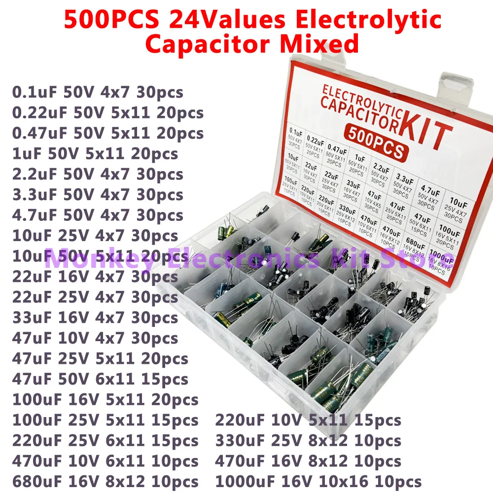 500 Uds condensador electrolítico condensadores electrolíticos DIP mezclados 10V 16V 25V 50V Kit electrónico 24 valores 0,1 uF-1000u - imagen 5