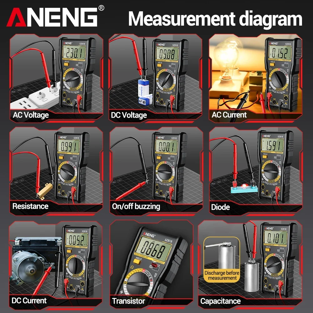 ANENG SZ818 Multimetro Digital Inteligente Pruebador Profesional Automotriz AC / DC Voltaje Corriente Resistencia Condensador Corriente Detector de Trío Eléctrico Herramientas Electricista - imagen 5