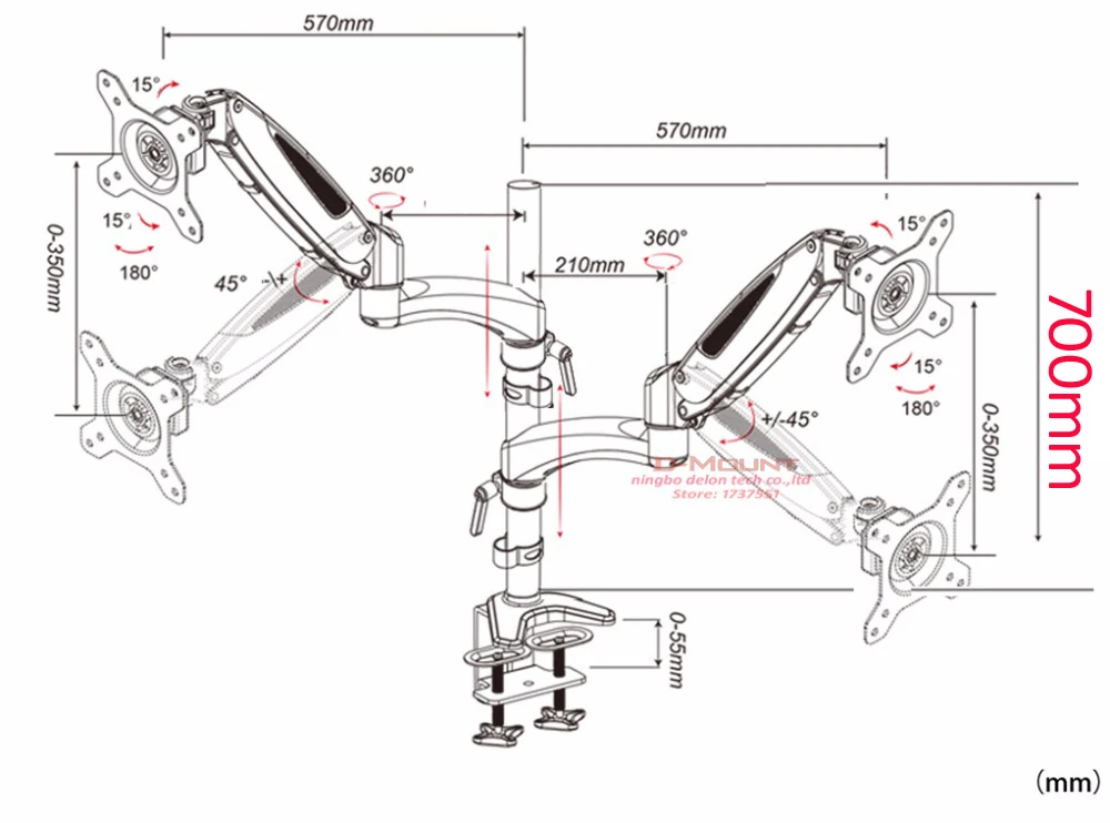 (700mm) 27 "5-16kg calibre pesado resorte de gas de aire de movimiento completo montaje en mesa de TV lcd soporte de monitor doble base grande - imagen 2