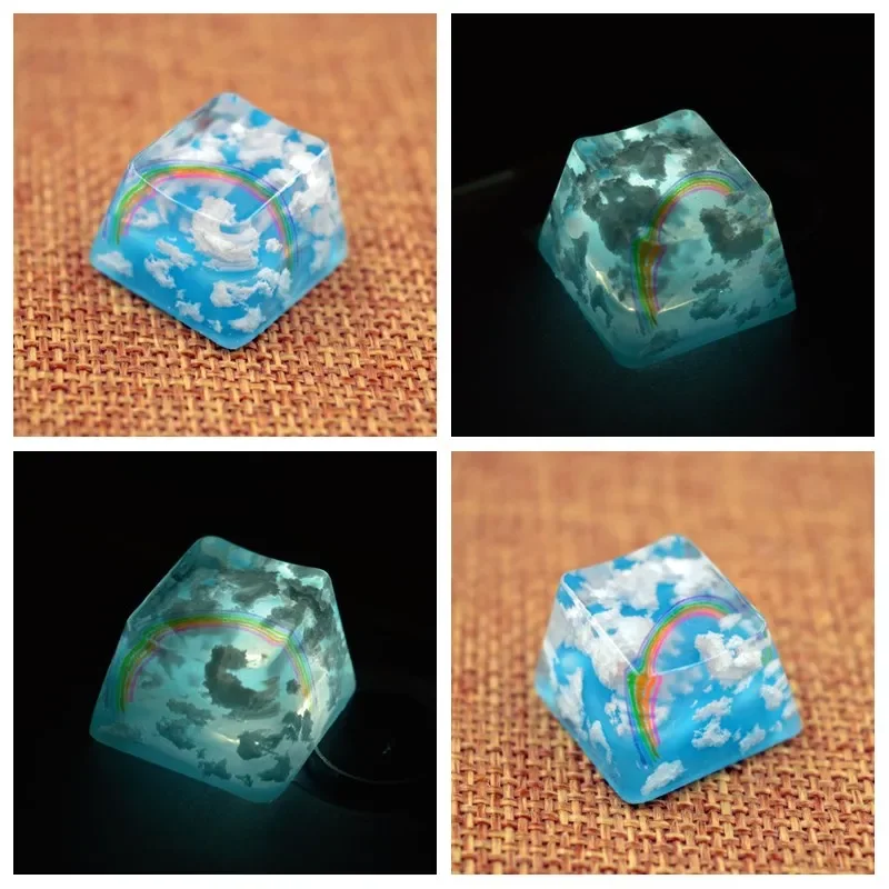Tecla personalizada con tema de nube ESC, hecha a mano pura, transparente, resina 3D, patrón de personalidad, cometa de arcoíris, cielo azul, Nube Blanca - imagen 5