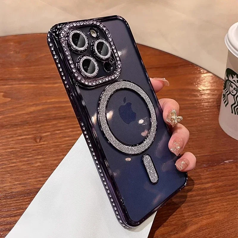Nueva funda transparente de diamante brillante a la moda para iPhone 16 15 14 13 11 12 Pro Max 16 Plus cubierta de parachoques de carga inalámbrica magnética - imagen 2