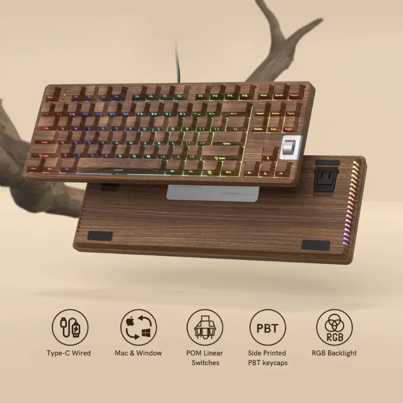 WOMIER F87 teclado mecánico para juegos con cable de nogal, fibra de carbono, estampado lateral RGB, rodillo de intercambio en caliente, teclado personalizado ergonómico - imagen 2