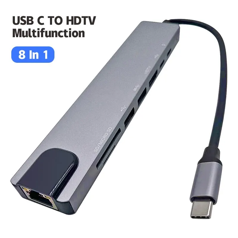 Concentrador de red USB tipo C 8 en 1, adaptador HDMI 4K, RJ45, Lan, Ethernet, TF, SD, lector de USB-C, estación de acoplamiento 3,0, tipo C, portátil, Macbook