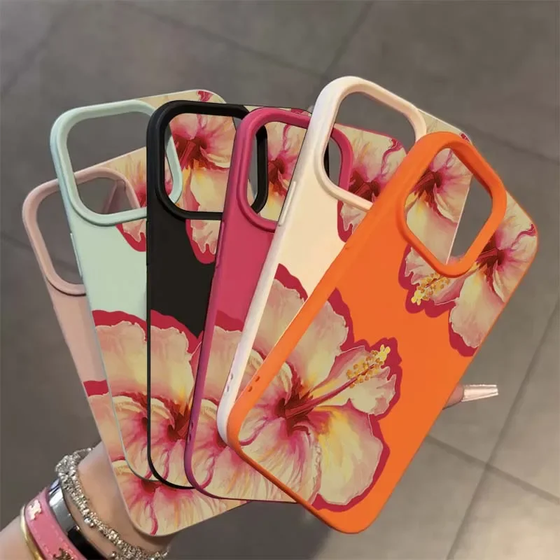 Funda de teléfono para iPhone 16 Pro Max XS X XR 15 14 13 12 11 16 15 Plus elegante funda suave de silicona con flor de hibisco rosa Lichee - imagen 2