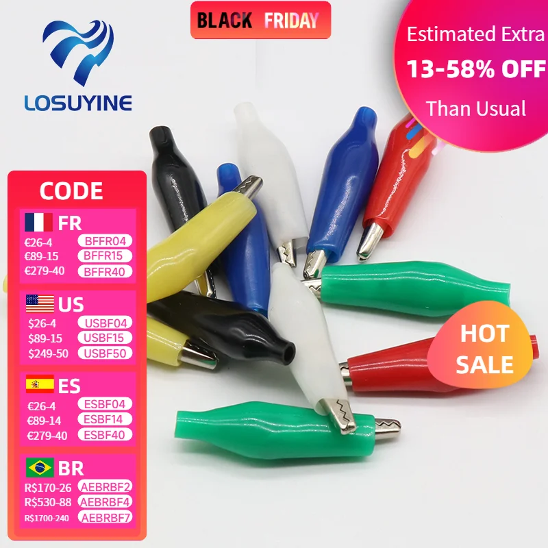 12 Uds. Clip de cocodrilo de Metal de aislamiento prueba eléctrica 45MM plomo colorido rojo negro azul verde blanco amarillo pequeño clip de cocodrilo