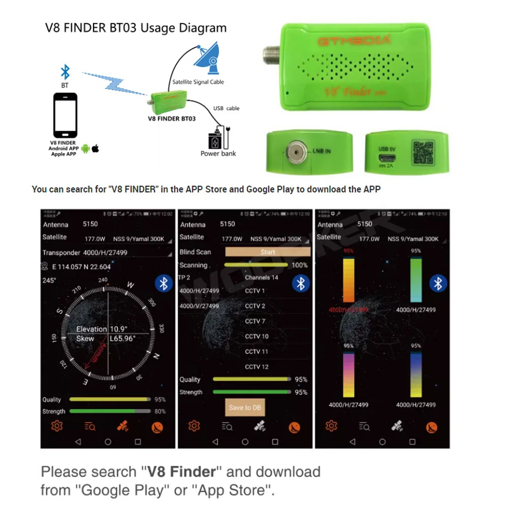 Receptor de satélite V8 Finder BT03, medidor de DVB-S2 para iOS/Android, Digital, BT, HD - imagen 3