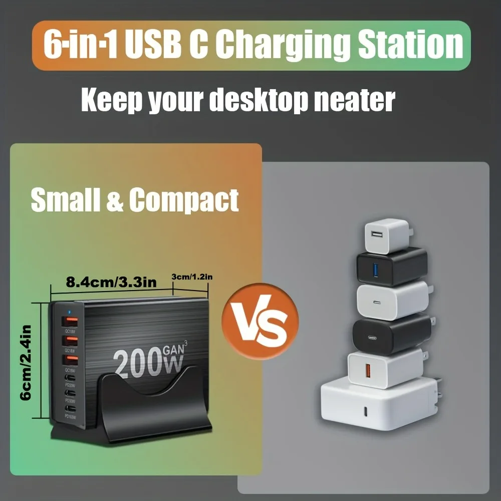 Estación de carga rápida GaN de 6 puertos de 200W, cargador USB C, carga rápida QC PD 3,0 tipo C, cargador rápido para iPhone 15/14/13 Pro MacBook - imagen 2