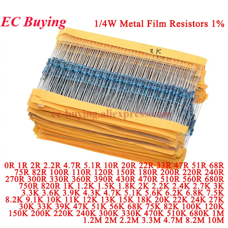 Resistencia de película metálica de 20 piezas-100 Uds 1/4W 0,25W 1% 100R 220R 1K 1,5K 2,2K 4,7K 10K 22K 47K 100K 220 1K5 2K2 4K7 Ohm resistencia 1R ~ 22M