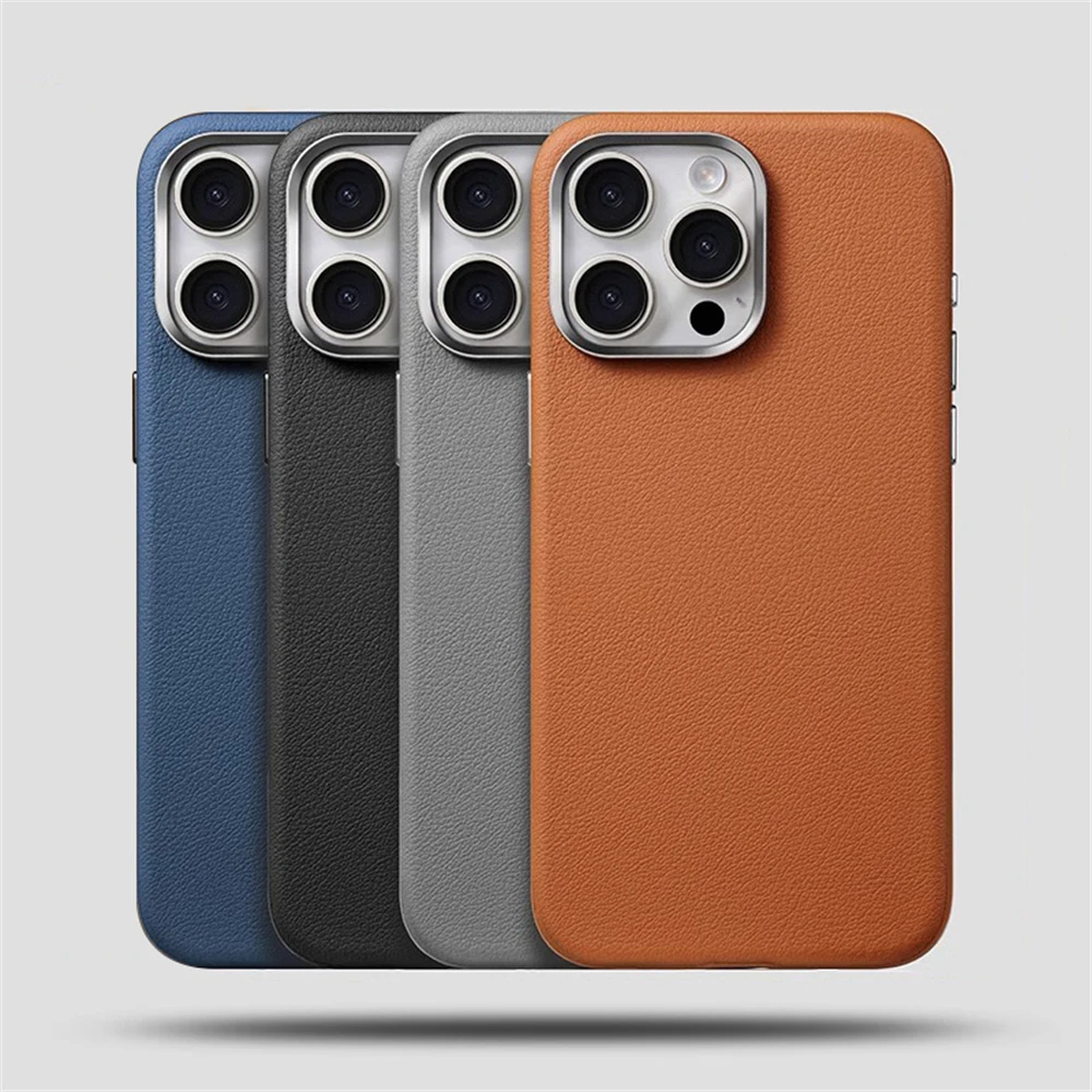 Funda de cuero PU de negocios de lujo para Magsafe para iPhone 16 15 14 Pro Max, cubierta magnética de carga inalámbrica con lente de Metal a prueba de golpes - imagen 2