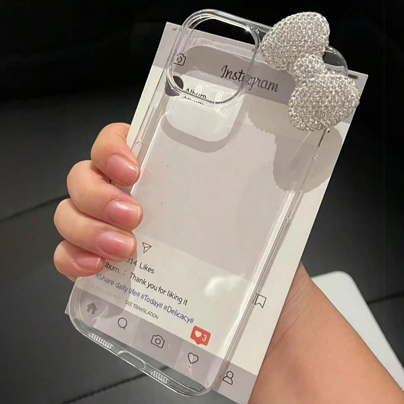 Funda de teléfono transparente con lazo de diamante 3D ostentoso de lujo para iPhone 16 15 14 13 11 12 Pro Max 7 8 Plus X XR XS encantadora funda suave