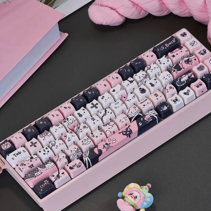 Lindo encanto negro cabeza de gato Keycap Set dibujos animados sublimación de calor juego Teclado mecánico Keycap Compatible con Wooting 68ace - imagen 4