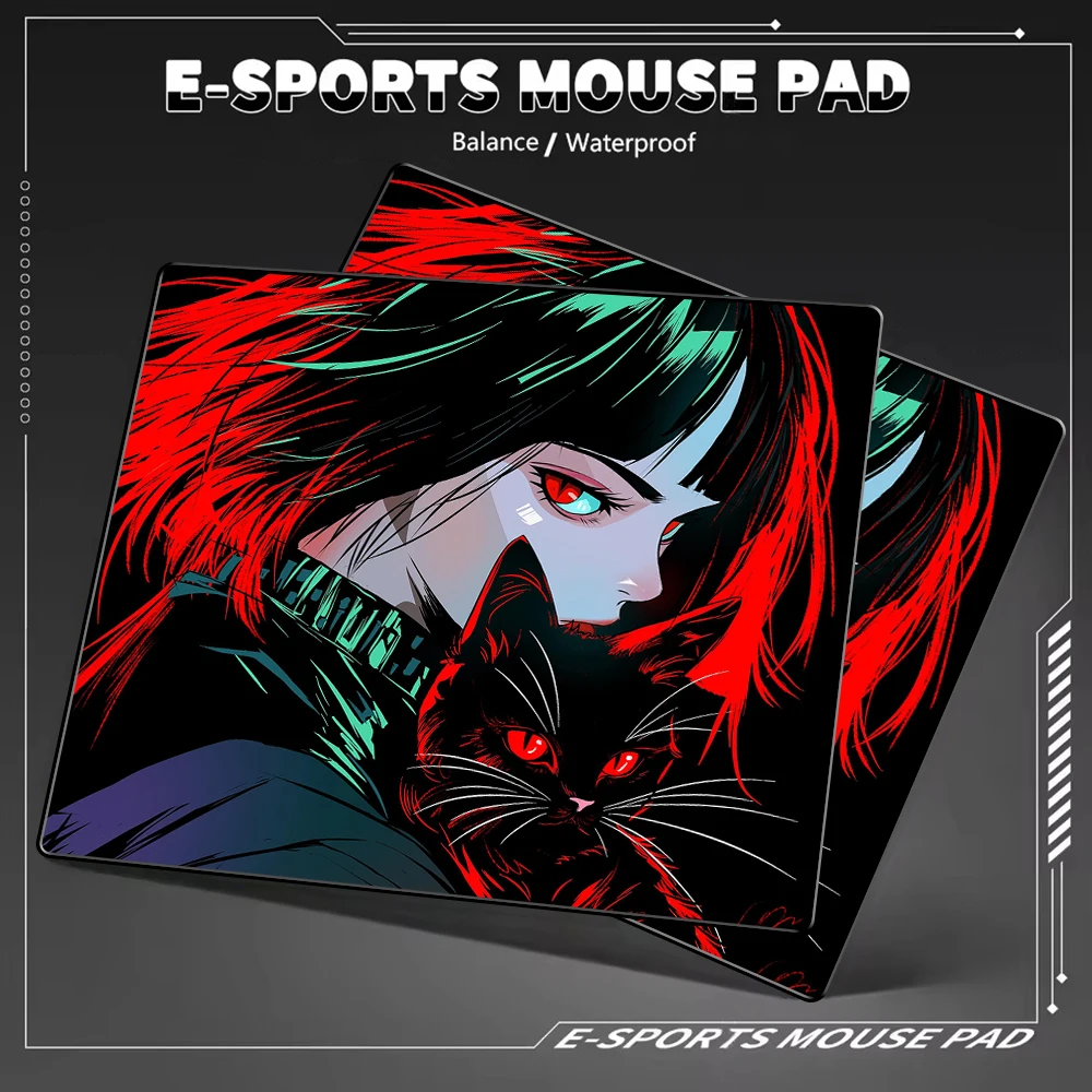 Alfombrilla de ratón de juego de Anime de gato negro estilo Cyberpunk para jugadores, alfombrilla de ratón profesional para deportes electrónicos, alfombrilla de ratón impermeable de equilibrio XL