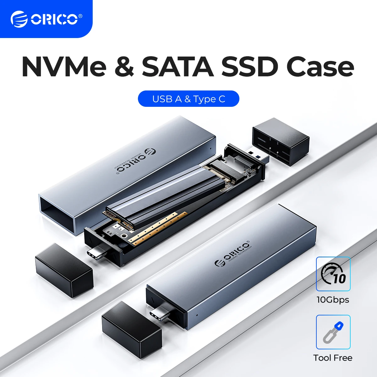 ORICO-carcasa SSD de aluminio 2 en 1, interfaz Dual USB A tipo C, M.2, compatible con M2, NVMe, clave M, SATA, NGFF, clave M y B, herramienta de disco duro gratis - imagen 2