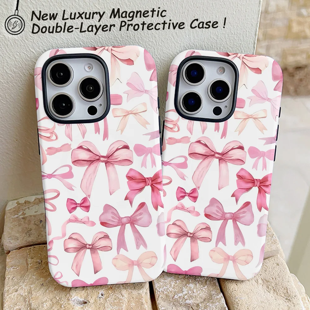 Funda de teléfono con diseño de lazo rosa para iPhone 16, 15, 14, 13, 12, 11 Pro Max Plus, funda trasera magnética de lujo de doble capa