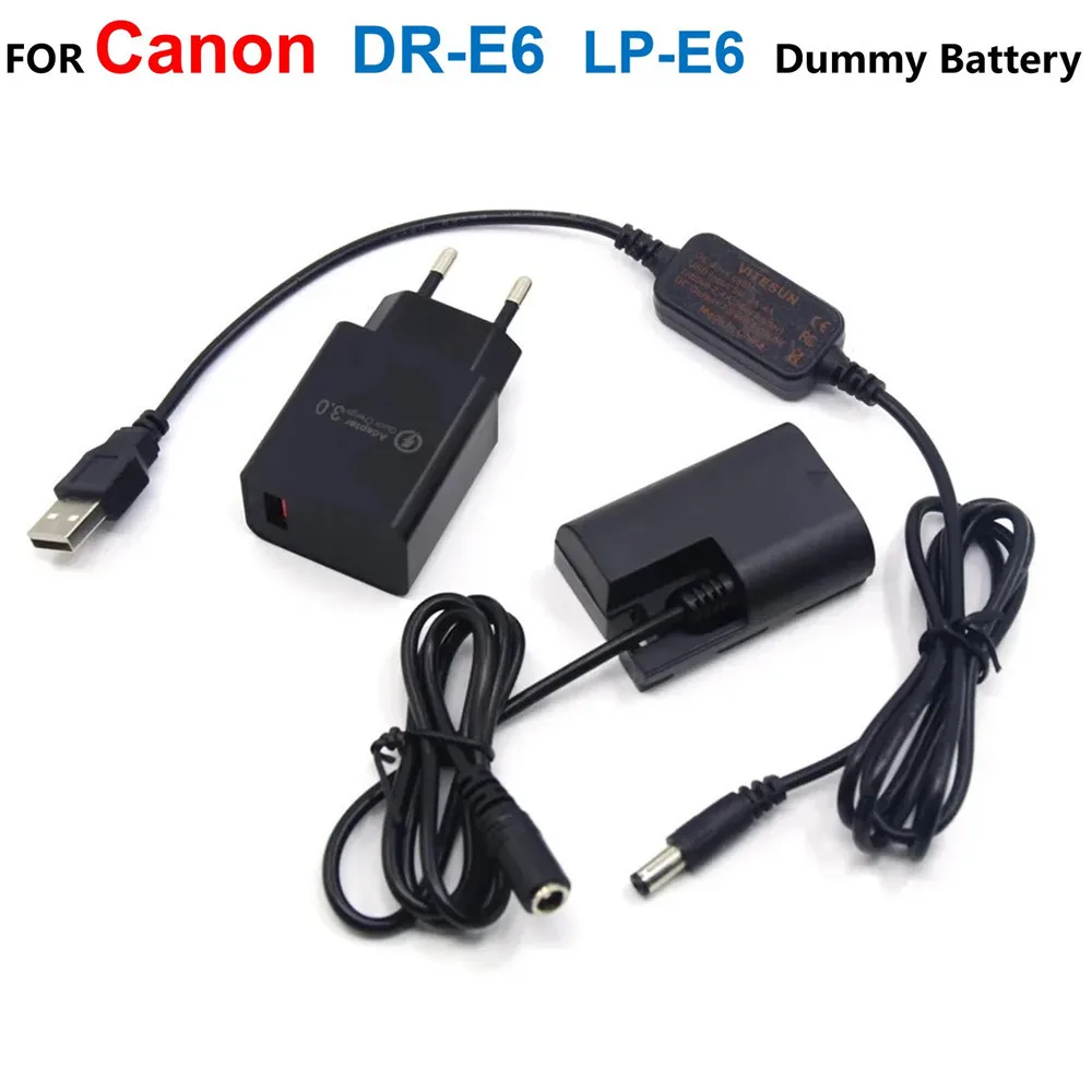 DR-E6 LP-E6 LP-E6N batería falsa + Cable de banco de energía USB de 5V + adaptador de cargador para Canon EOS 60D 70D 5D2 6D 7D 5D Mark II III 5D3 5DSr