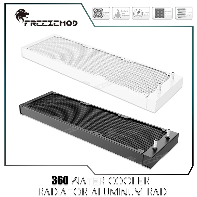 FreezeMod 360 Radiador enfriador de agua Rad de aluminio PC refrigeración por agua ventilador de 12 cm, conexión ID manguera de 5-6 mm, negro/blanco R-LP22-360