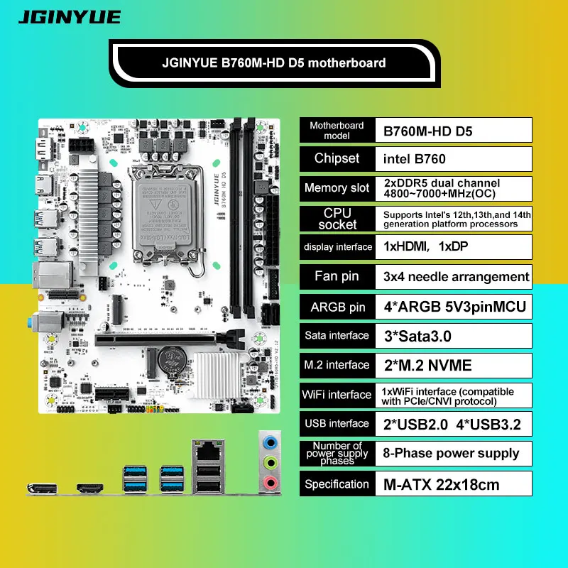 Placa base JGINYUE B760M-HD D5 compatible con DDR4/DDR5 de 1700 pines 12a/13a/14a generación Core i3i5i7i9 2 * DDR5 2 M.2 NVME 3 SATA3.0 - imagen 3