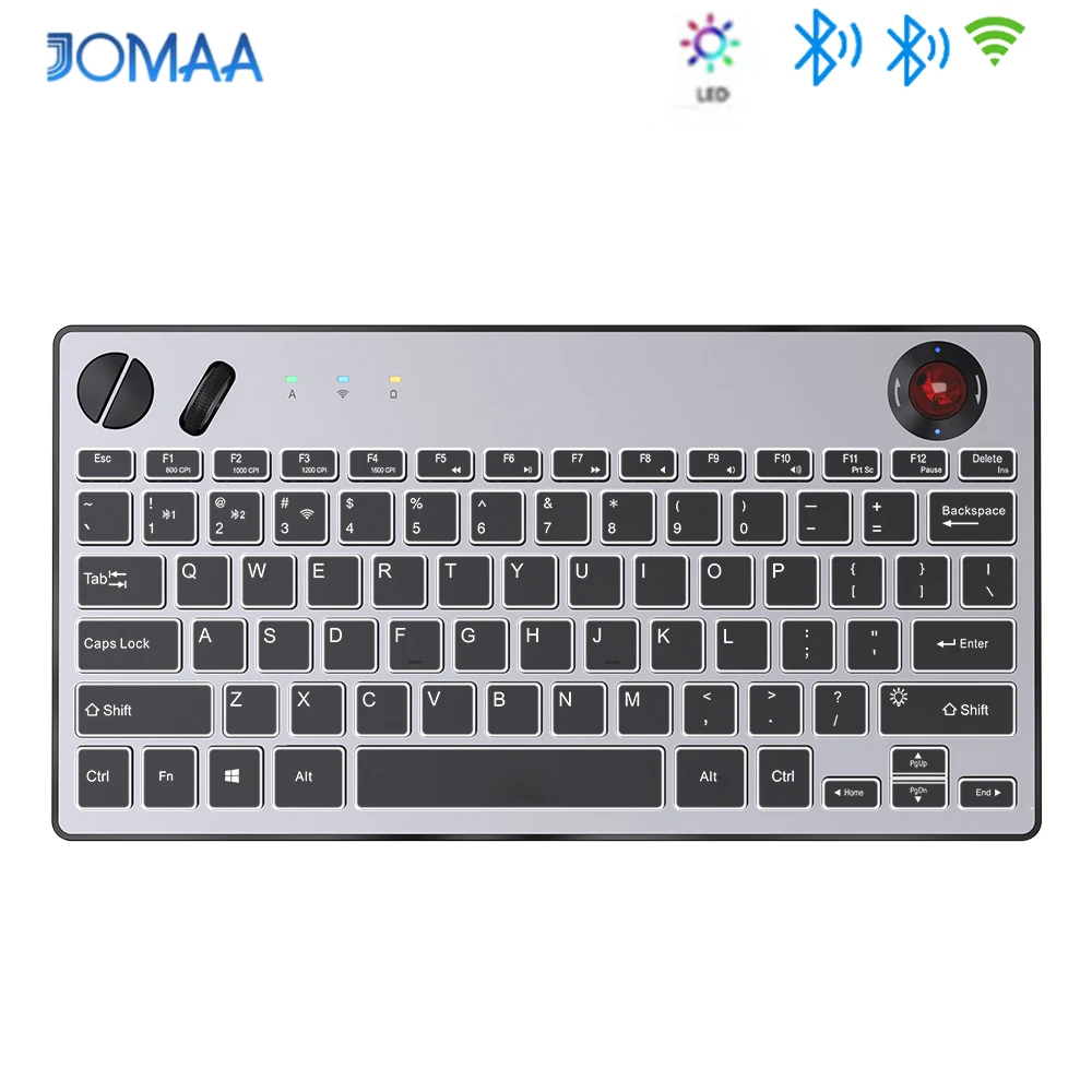JOMAA Teclado Trackball inalámbrico con retroiluminación de 78 teclas, teclado inalámbrico Bluetooth 5.0 y 2,4G con Trackball para Windows Mac iOS