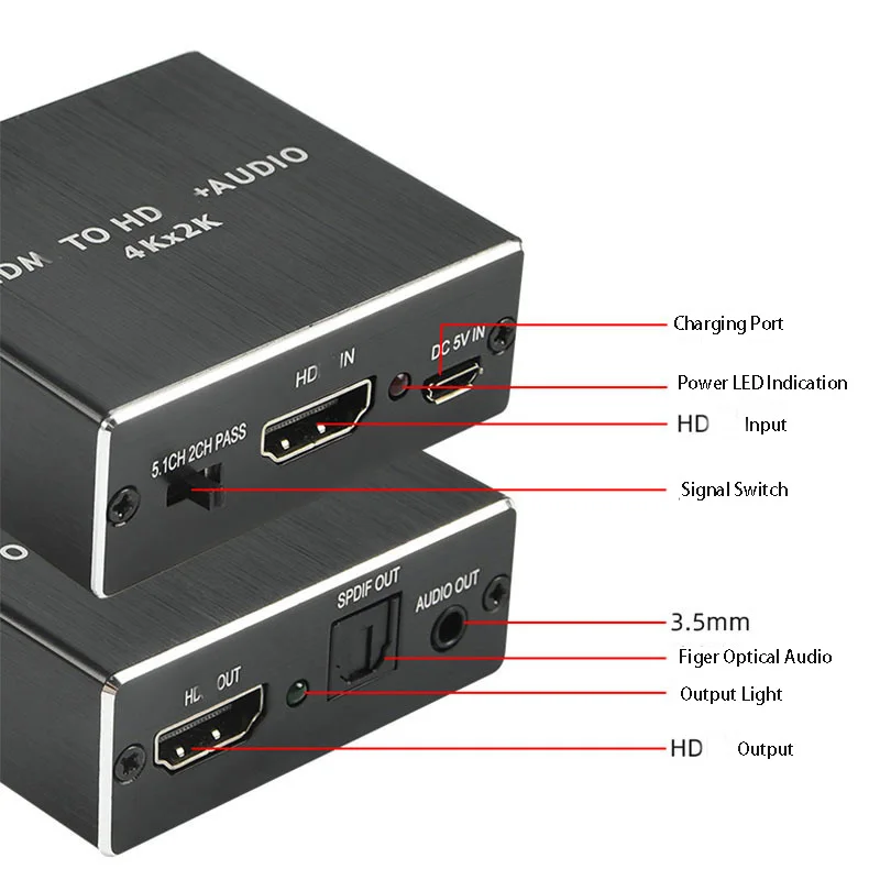 Extractor de grabación de vídeo 3D 4K 2K con divisor de Audio HDMI, adaptador Compatible con convertidor de salida estéreo SPDIF de fibra de 5,1 a 3,5 MM - imagen 3