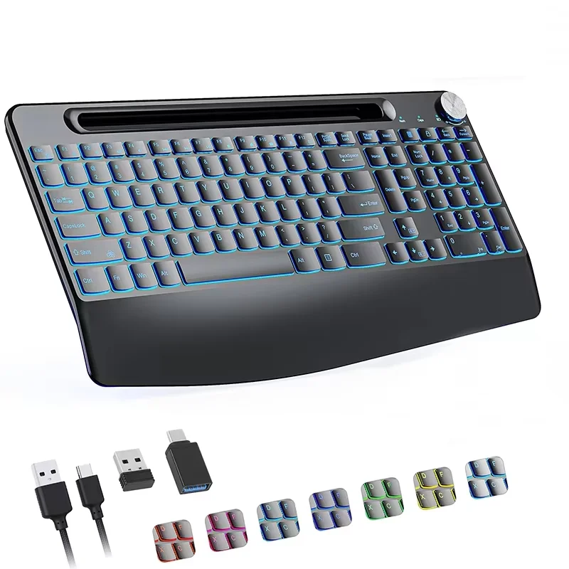 Teclado inalámbrico retroiluminado, teclado iluminado ergonómico de tamaño completo con reposamuñecas, soporte para teléfono, teclado silencioso recargable de 2,4 GHz