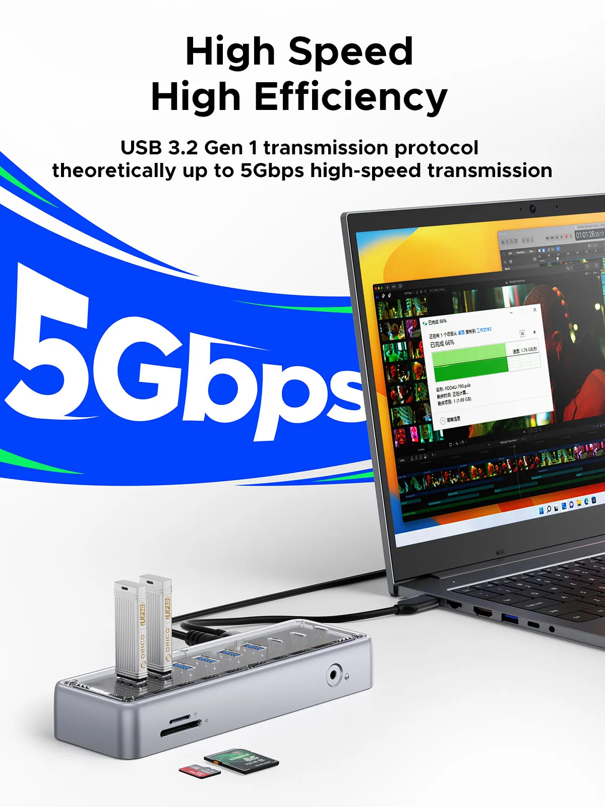 ORICO OMA Metálico USB 3.2 Gen 2 Hub 5 Gbps Alta Velocidad Expansión de 7 Puertos para MacBook Mac Mini - Base de Unidad Externa de aleación de Aluminio - imagen 5