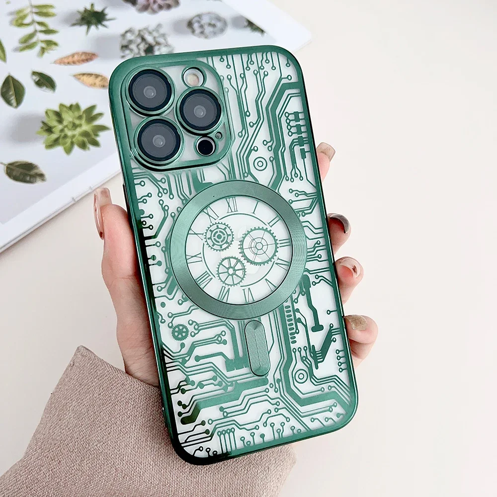 Funda magnética para iPhone 16, 15, 14, 13, 12, 11 Pro Max Plus, cubierta chapada en diagrama de circuito, carcasa transparente suave para Magsafe Funda - imagen 5