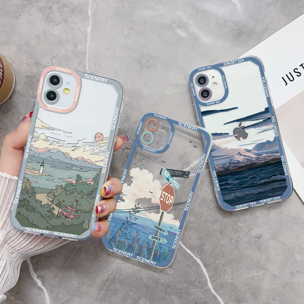 Funda de teléfono con paisaje para iPhone, carcasa trasera de silicona TPU para modelos 11, 13, 14 Pro Max, 15, XR, 12, X, Xs, 7, 8 Plus, SE 2020, 13 Mini, 13Pro Max - imagen 4