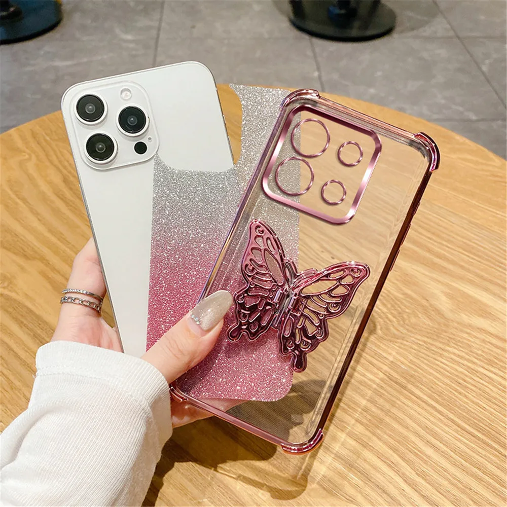 Funda de teléfono con soporte de mariposa a prueba de golpes para Xiaomi Redmi Note 14 Pro Plus 14C 4G 5G 14T POCO X7 Pro cubierta de silicona con brillo degradado - imagen 5