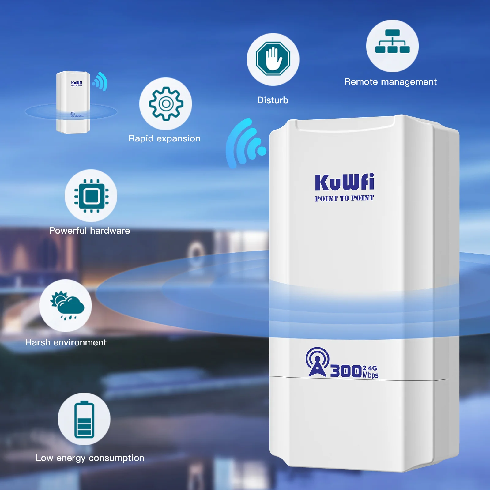 KuWFi 300Mbps 2,4 GHz puente WiFi para exteriores extensor de señal de punto de acceso punto a punto hasta 1KM modo repetidor AP 24V POE IP65 - imagen 2