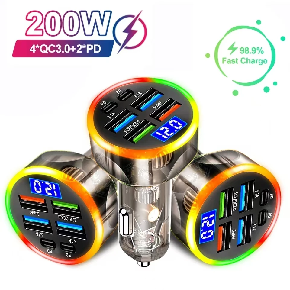 Cargador de coche de 200W, pantalla Digital LED, multipuerto, carga rápida, adaptador de cargador de teléfono móvil en coche para iPhone, Xiaomi, Samsung, Huawei - imagen 2