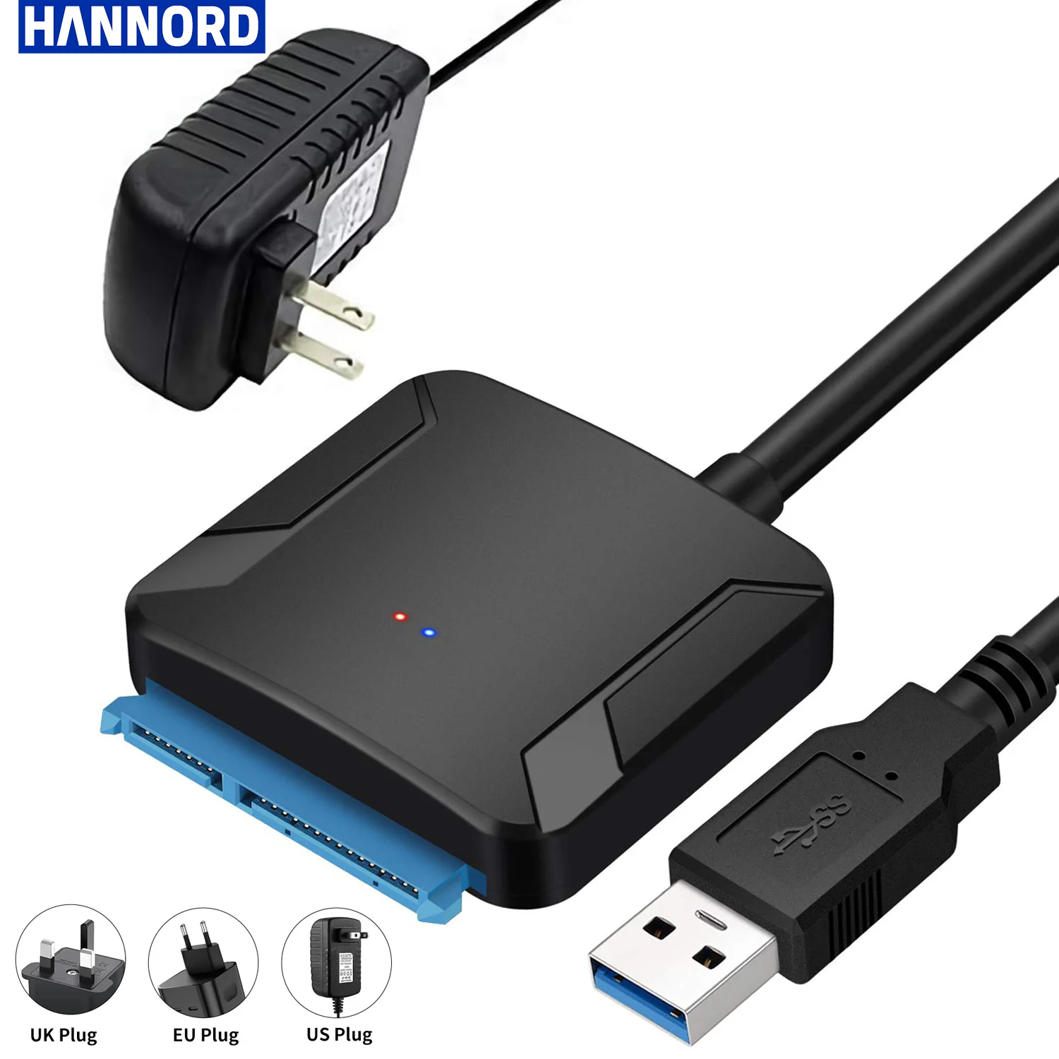 Hannord-Cable USB 3,0 a SATA, adaptador de disco duro SATA III de 2,5 ", 3,5", convertidor de disco duro SSD HDD con adaptador de corriente de 12V/2A