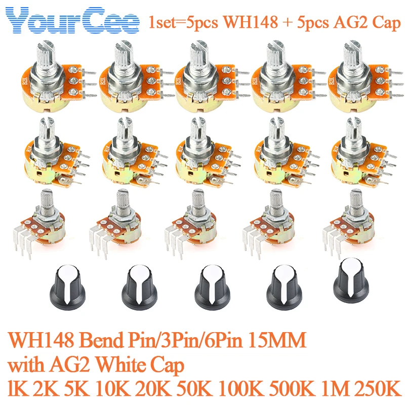 1 Juego WH148 1K 10K 20K 50K 100K 500K Ohm con tapa blanca AG2 15mm 3/6/3 pines doblados resistencia de potenciómetro giratorio cónico lineal