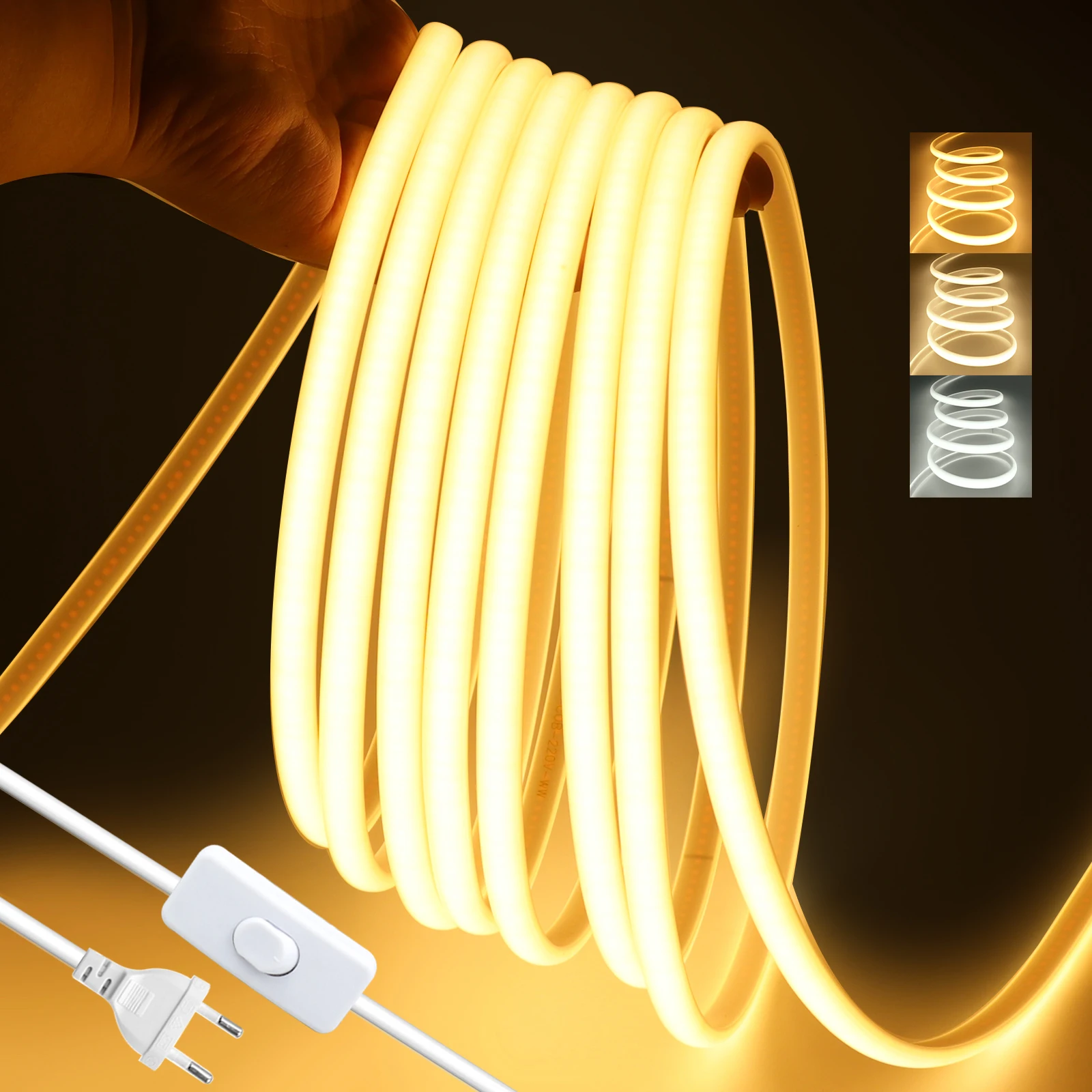 Tira de luz de neón LED COB de 220V con Control de encendido y apagado 288LEDs/m cinta Flexible impermeable para exteriores RA90 cálida/Natural/blanca de alto brillo - imagen 2