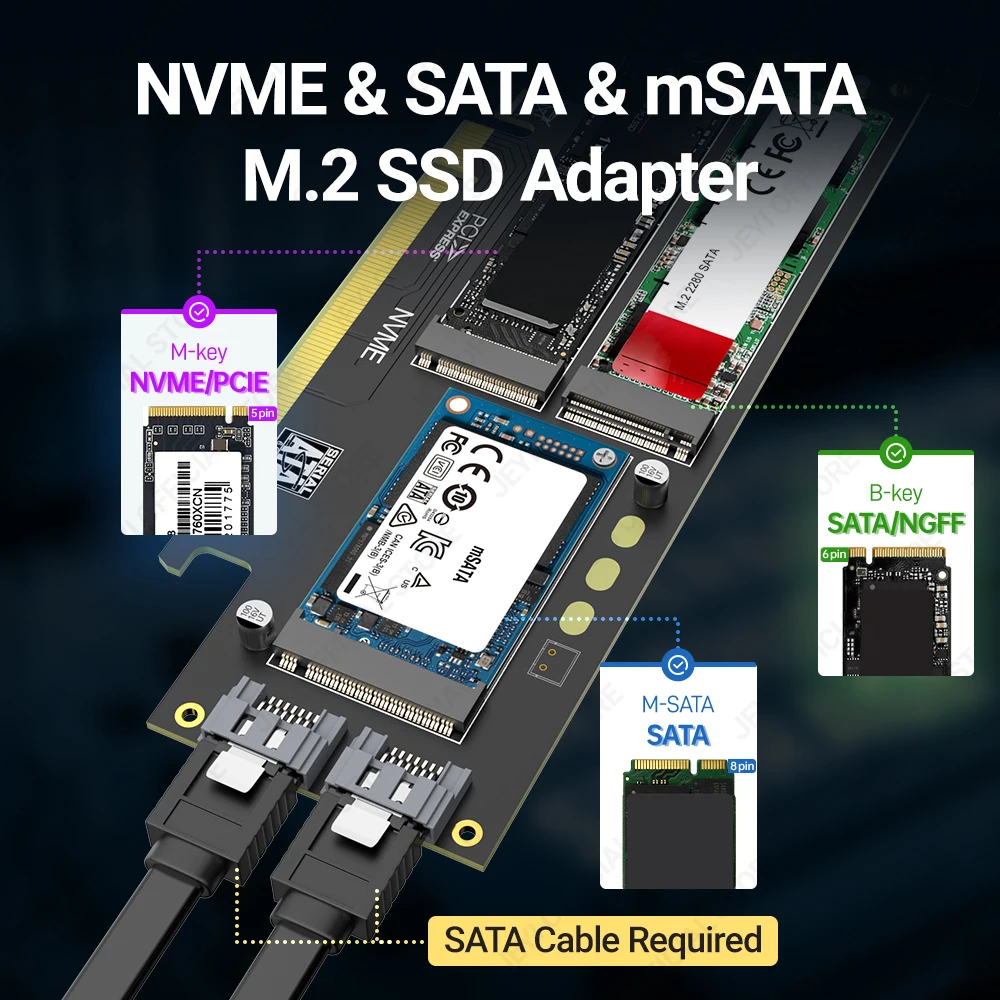 Tarjeta adaptadora JEYI NVMe NGFF y mSATA SSD PCIe 4,0/3,0, convertidor 3 en 1 M.2 NVME a PCIE/M.2 SATA SSD a SATA III/mSATA a SATA - imagen 3