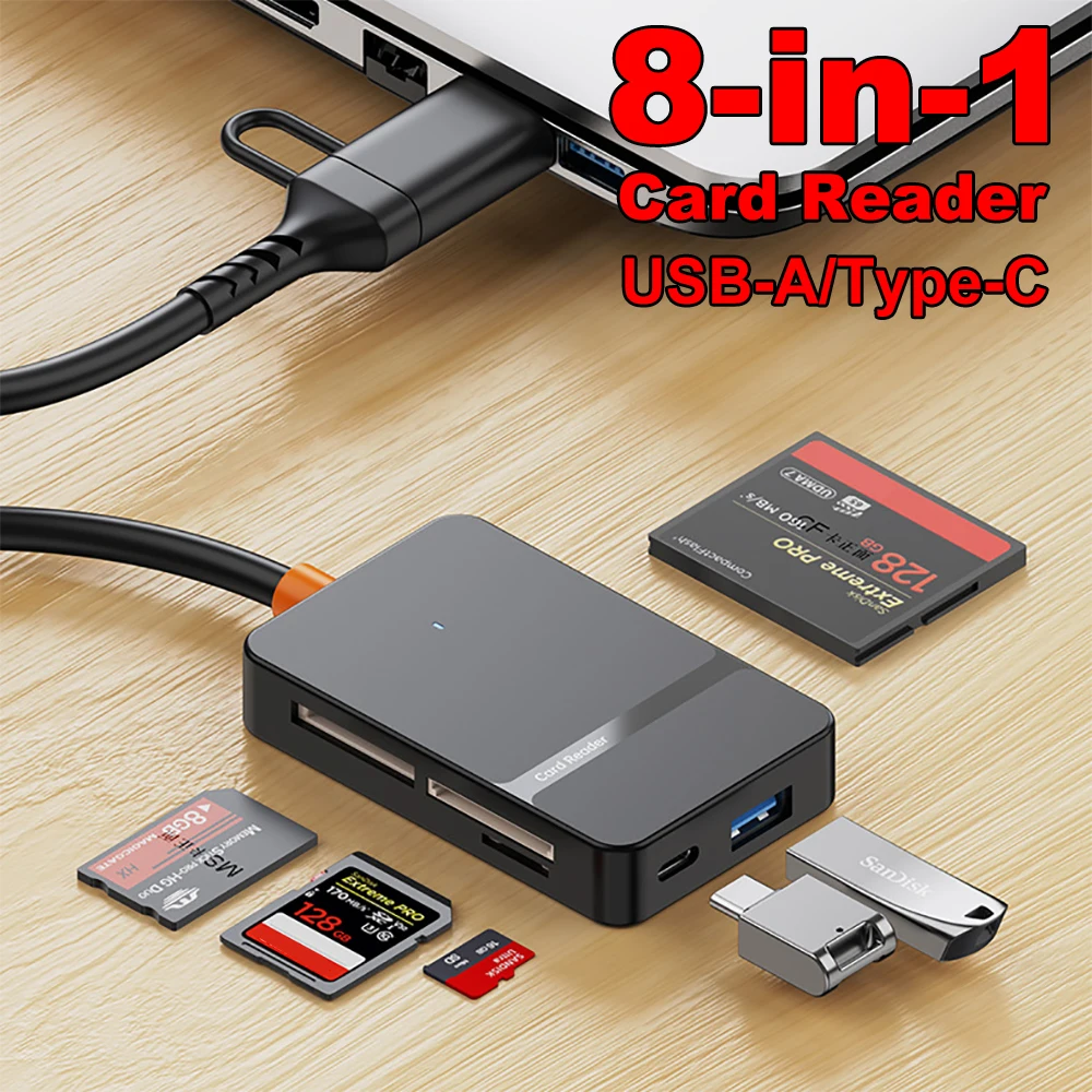 Lector de tarjetas 8 en 1 USB3.0 tipo C a SD TF CF MS adaptador de tarjeta de memoria lector de tarjetas multifuncional transmisión de alta velocidad de 5Gbps