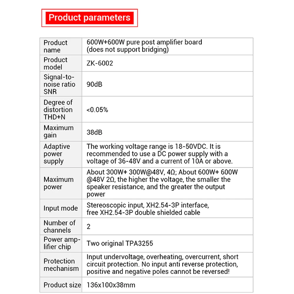 Placa amplificadora de poste puro DC 18 ~ 50V ZK-6002 2,0 canales estéreo HiFi 600Wx2 amplificador de Audio de alta potencia amplificadores de Chip TPA3255 - imagen 3