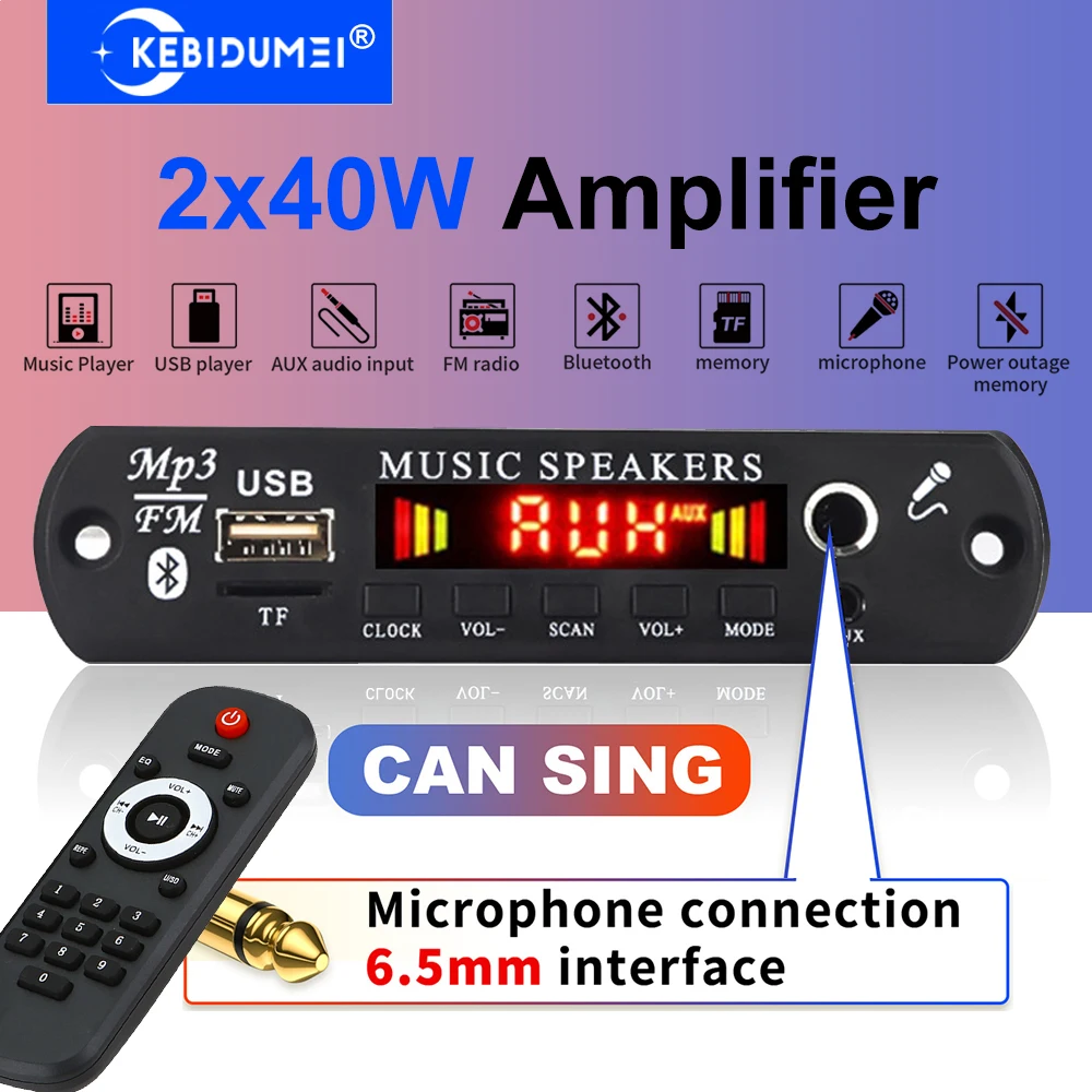 Amplificador de 80W, reproductor MP3 Bluetooth, 2x40W, reproductor de Audio estéreo HiFi, 7V-18V, placa decodificadora de MP3 DIY, módulo de Radio FM para coche, TF/USB/micrófono